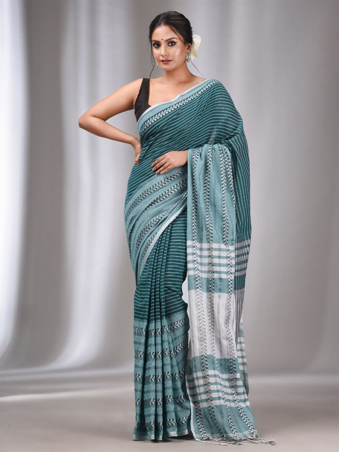 Charukriti Teal & White Woven Design Pure Cotton Saree Price in India