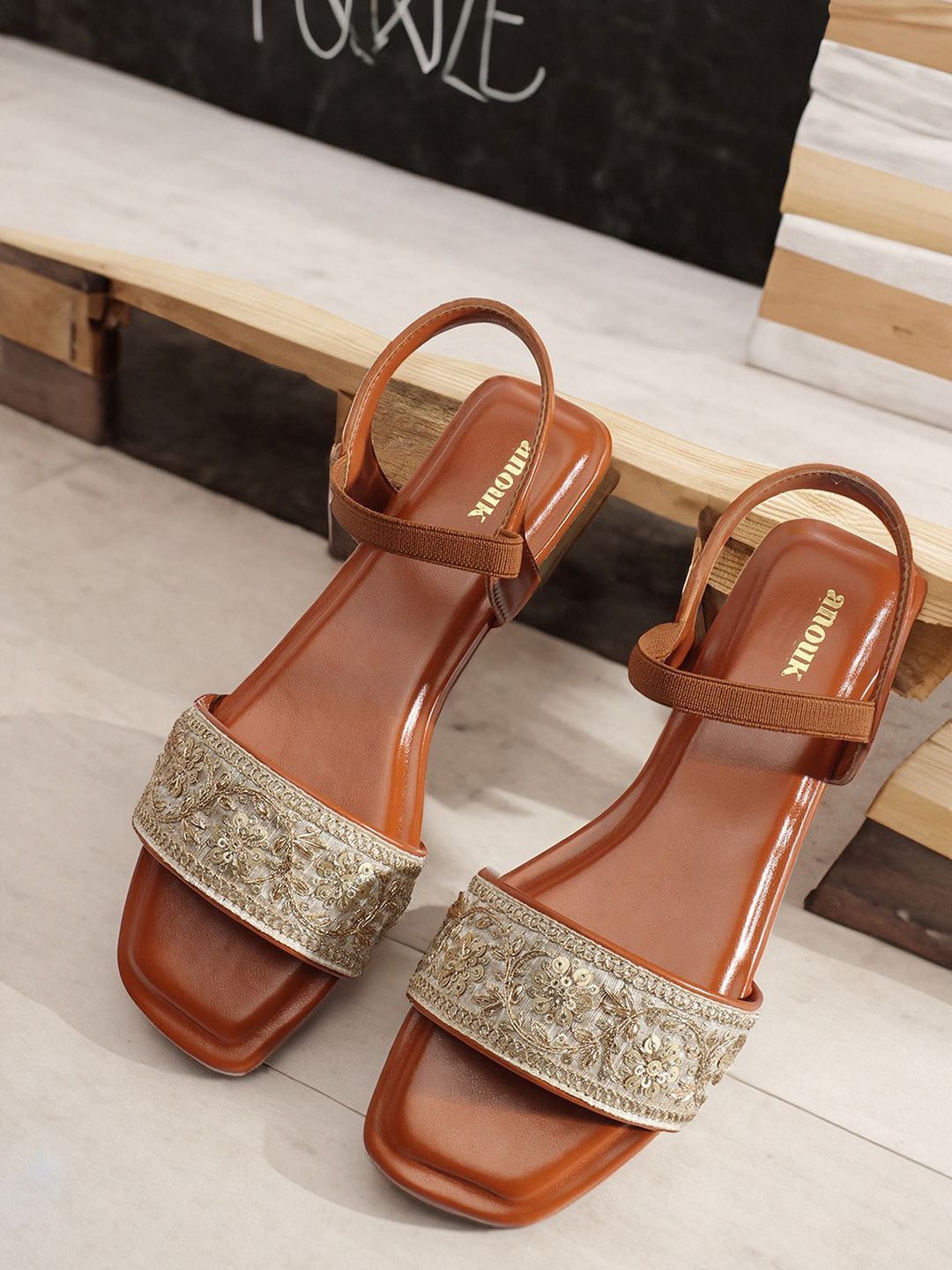 Anouk Tan Brown & Gold-Toned Embroidered Open Toe Flats Price in India