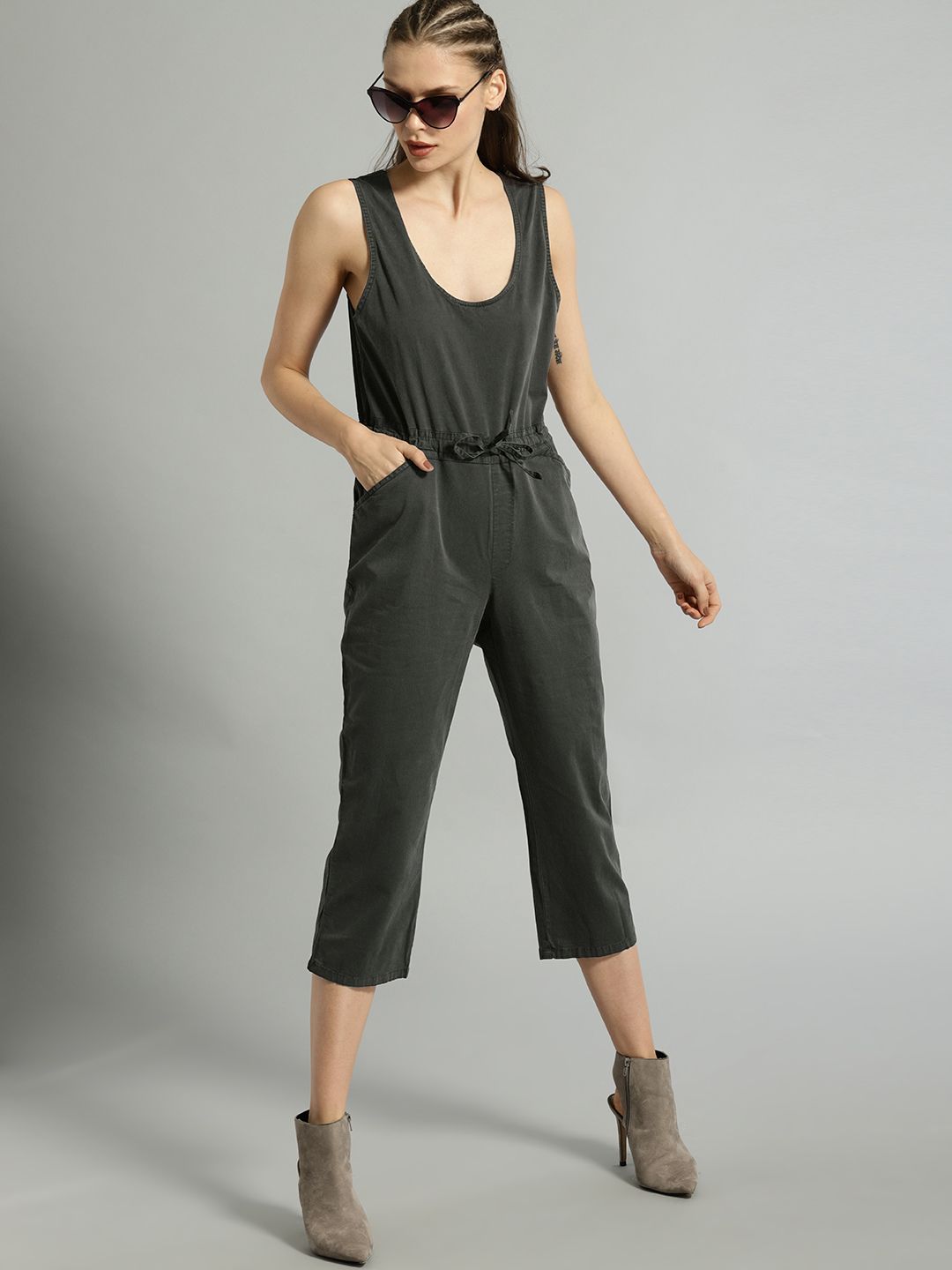 Roadster Grey Solid Culotte Jumpsuit Price in India