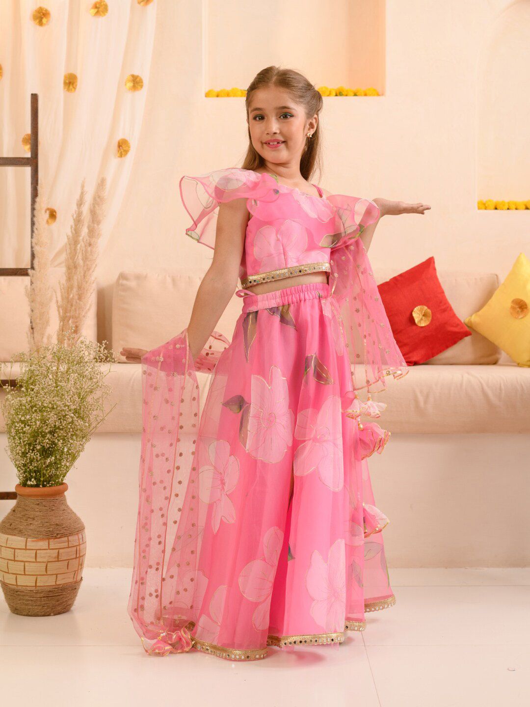Pspeaches Girls Pink Foil Organza Circular Lehenga Choli Dupatta Set