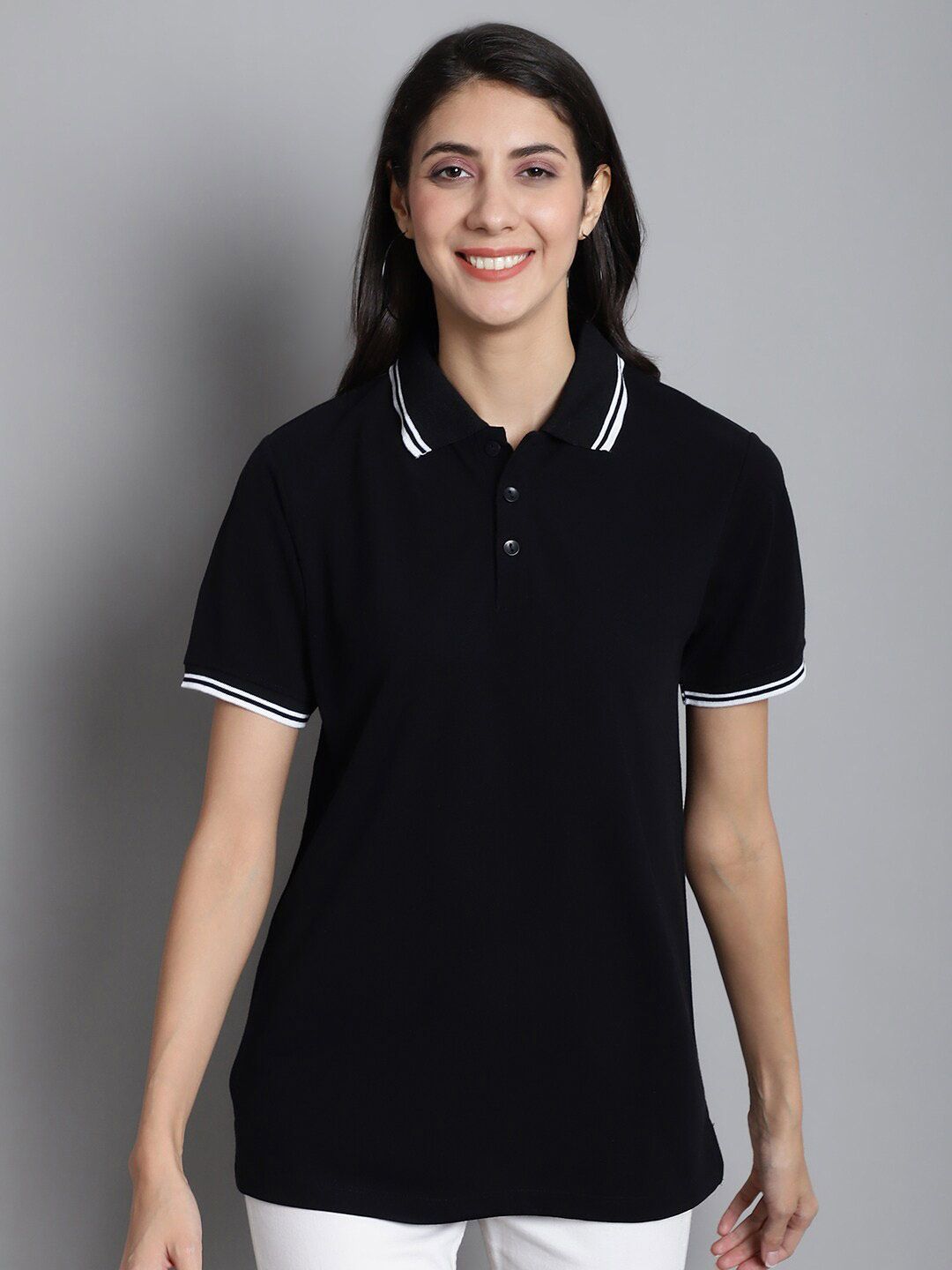 DOOR74 Women Black Polo Collar Cut Outs T-shirt Price in India