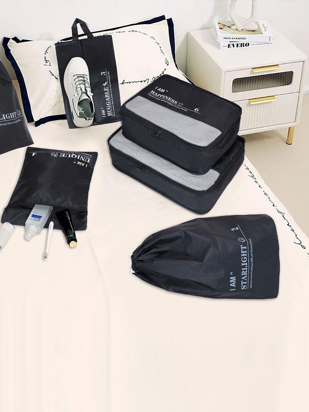 HOUSE OF QUIRK Black 6 Pieces Water Resistant Packing Cubes Travel Organisers