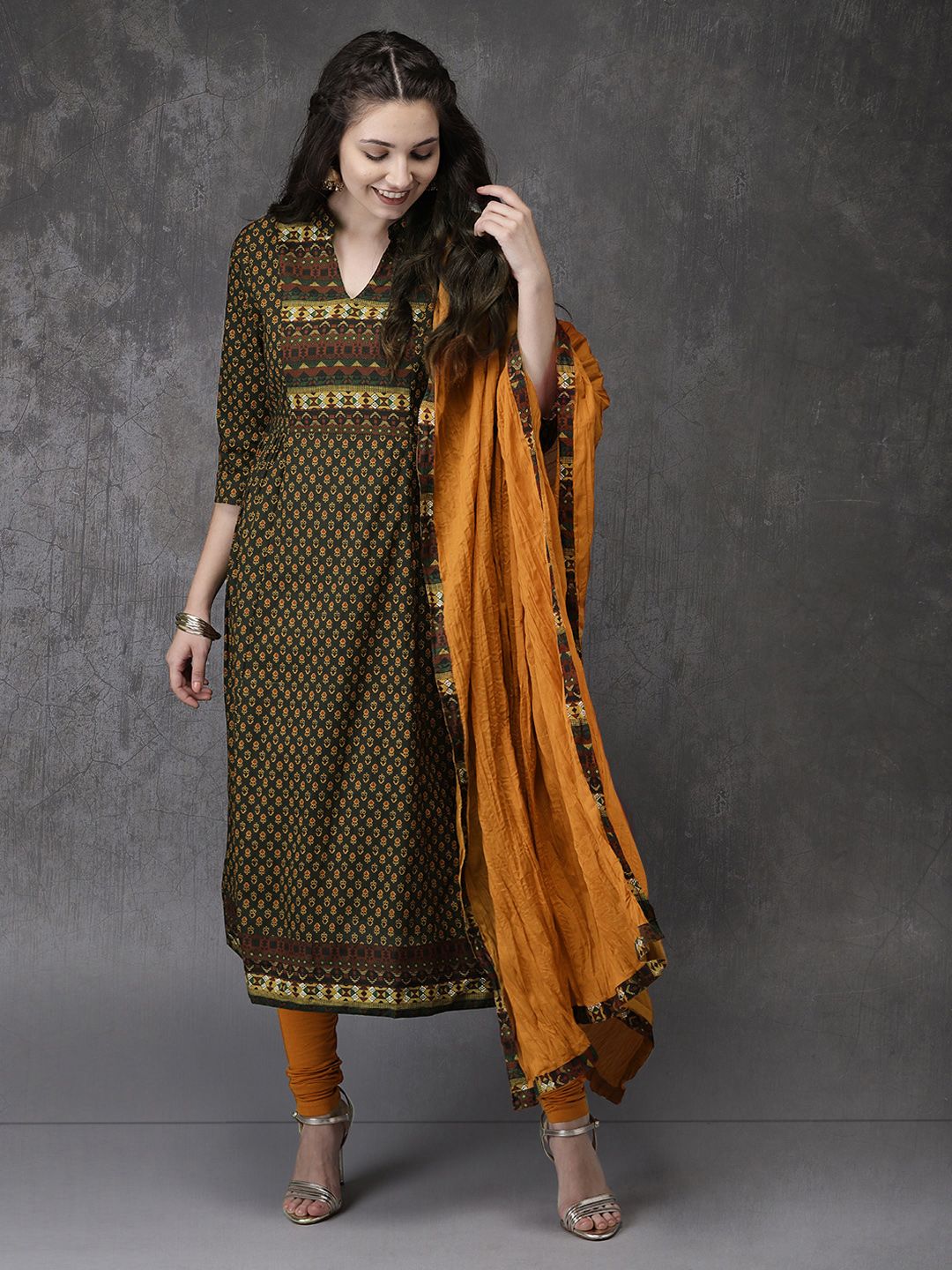 Anouk Women Olive Green & Mustard Brown Printed Kurta with Churidar & Dupatta Price in India