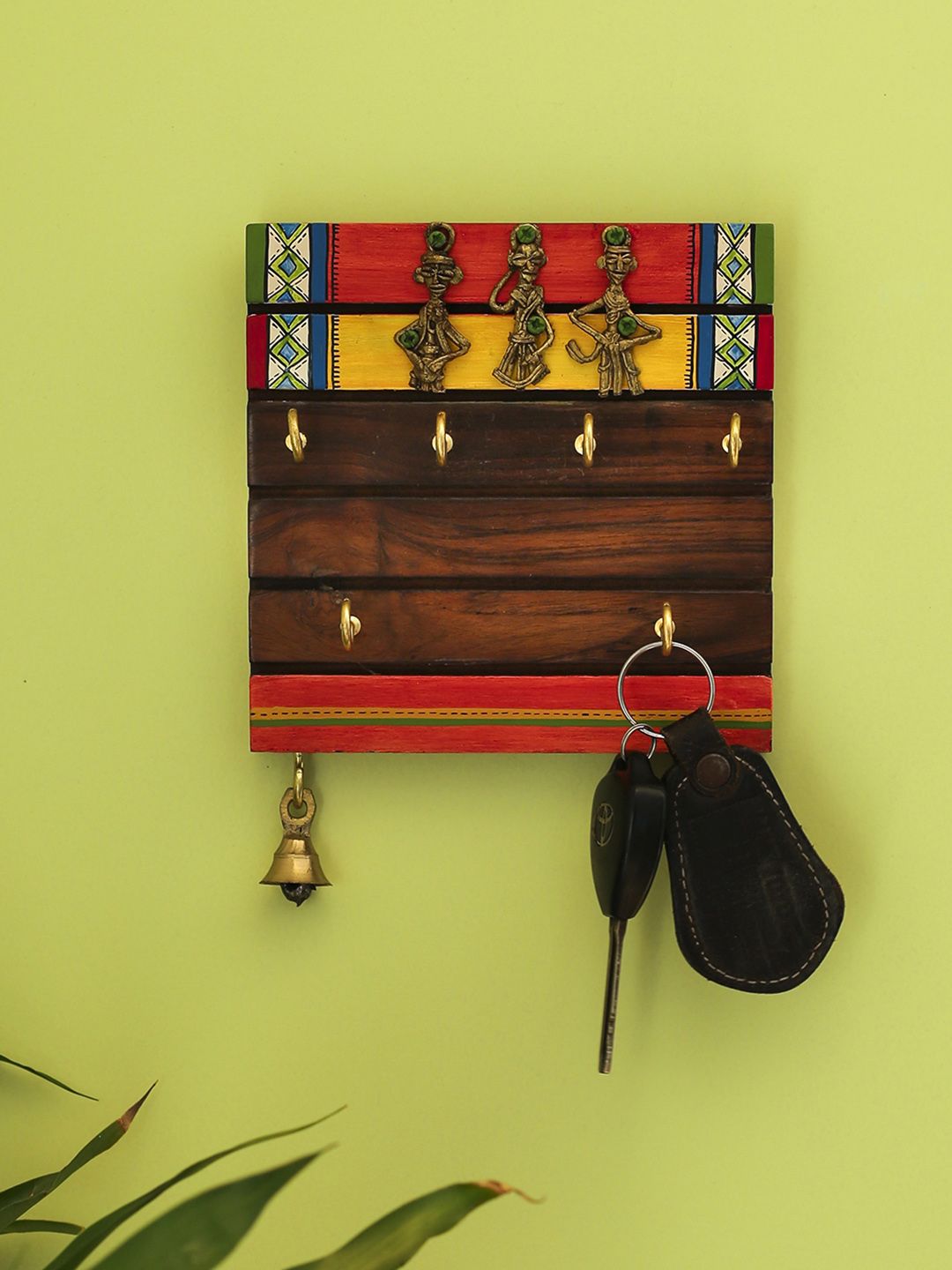 ExclusiveLane Brown Tribal Borders Warli Hand-Painted Dhokra Sheesham Wood Key Holder Price in India