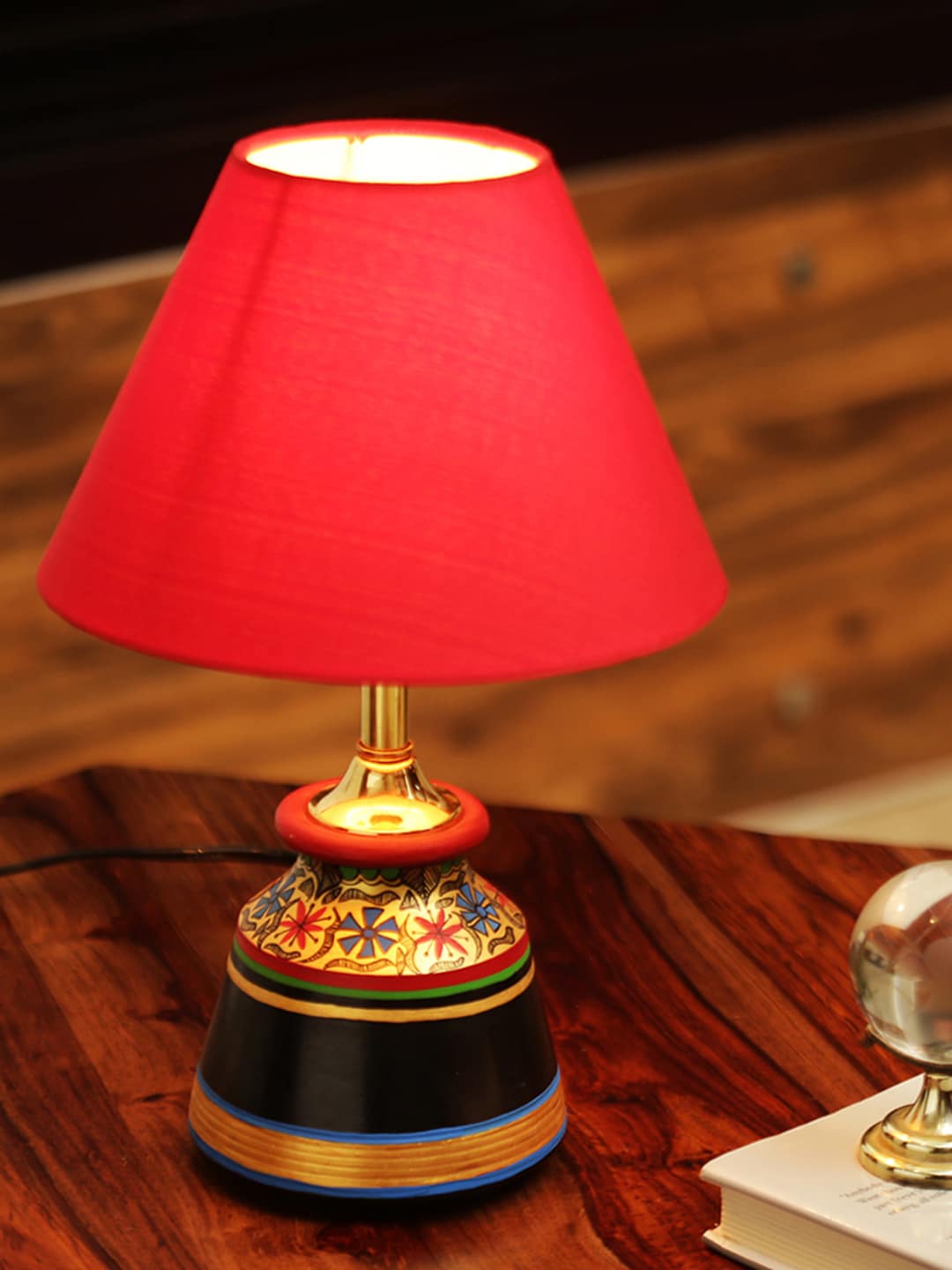 ExclusiveLane Red Floral Hand-Painted Vessel Shaped Terraotta Bedside Standard Table Lamp Price in India