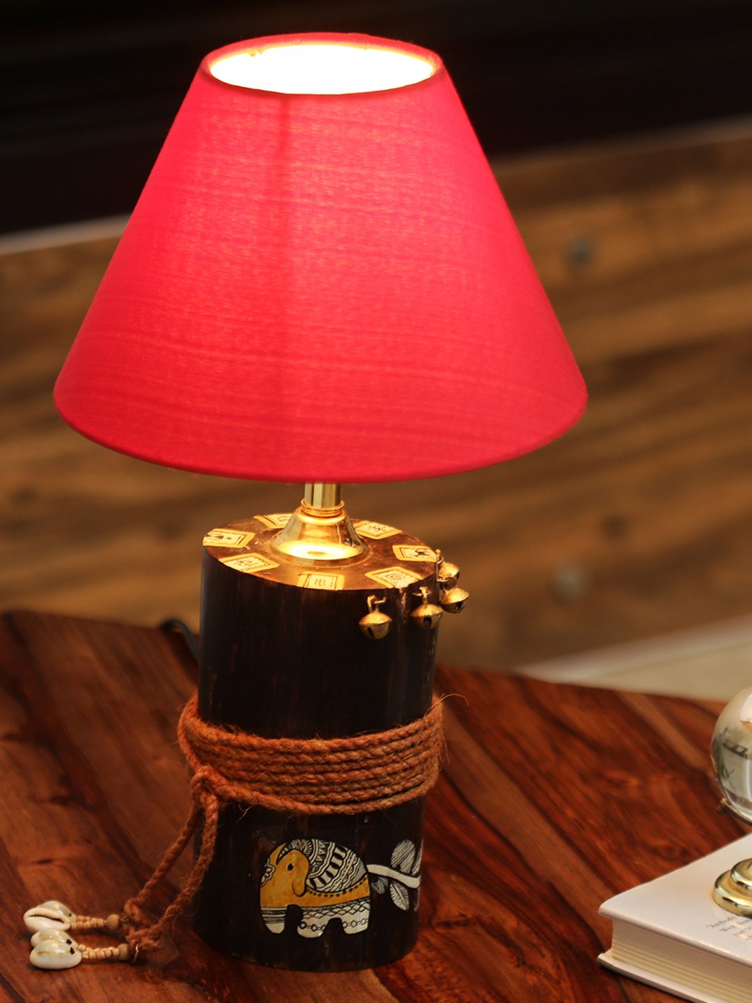 ExclusiveLane Brown Madhubani Hand-Painted Wooden Bedside Standard Table Lamp with Shade Price in India