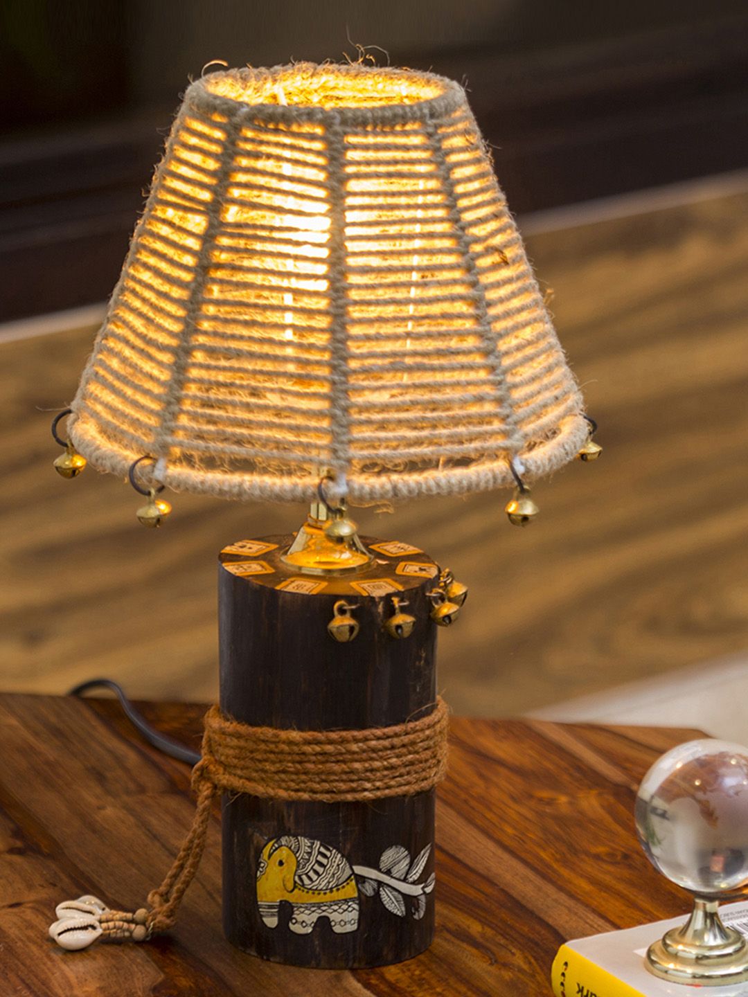 ExclusiveLane Brown Madhubani Hand-Painted Wooden Table Lamp with Shade Price in India