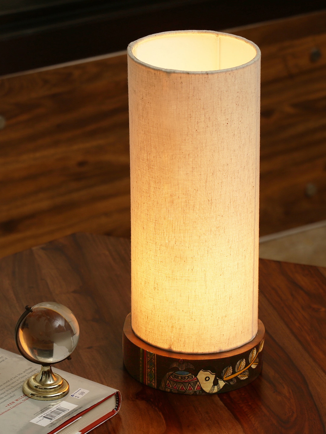 ExclusiveLane Brown Madhubani Hand-Painted Round Wooden Column Table Lamp with Shade Price in India