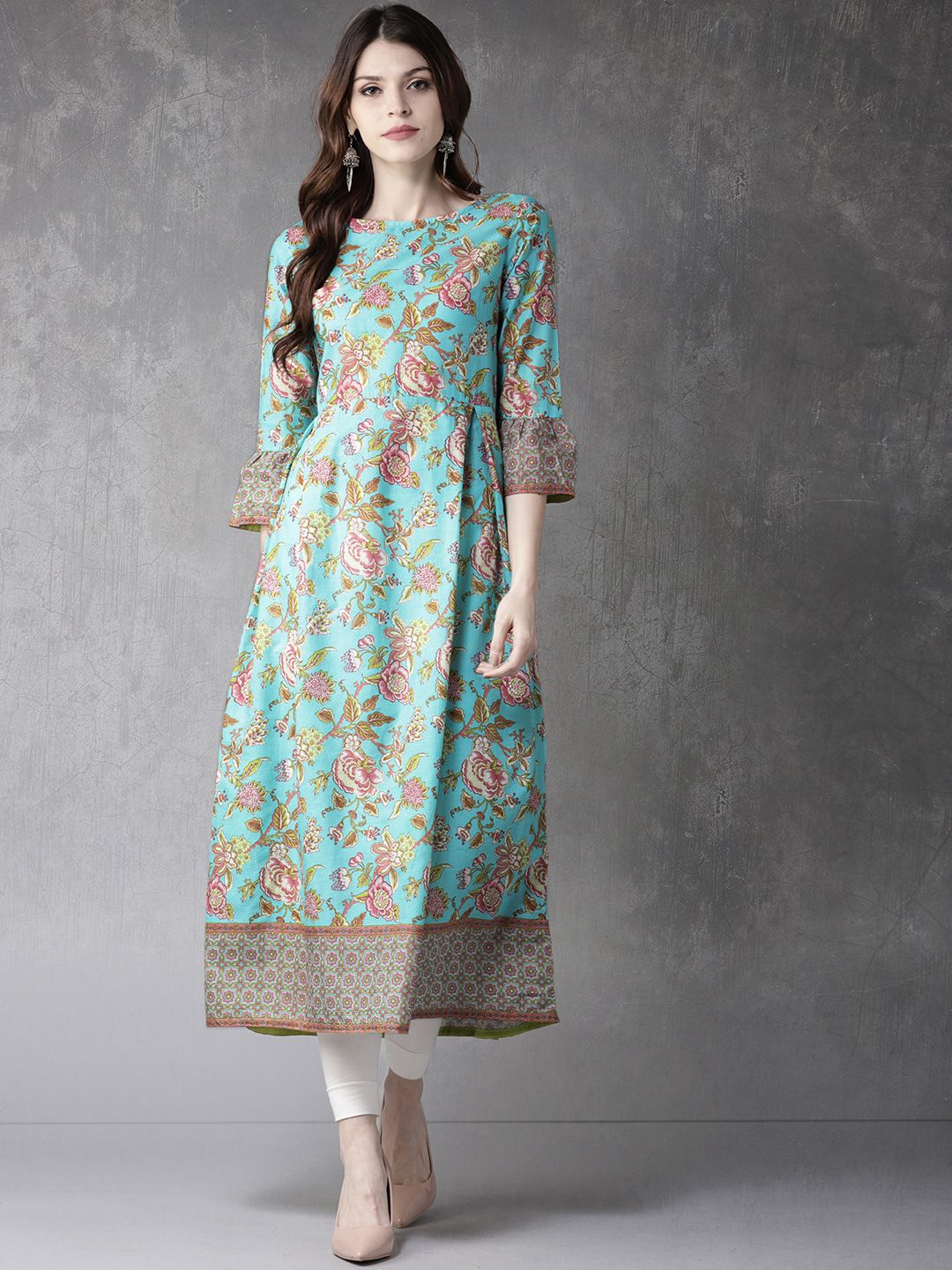 Anouk Women Blue & Pink Floral Print A-Line Kurta Price in India