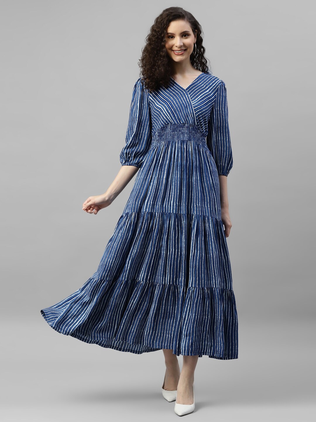DEEBACO Striped V-Neck Puff Sleeve Smocked Tiered Maxi Dress Price in India