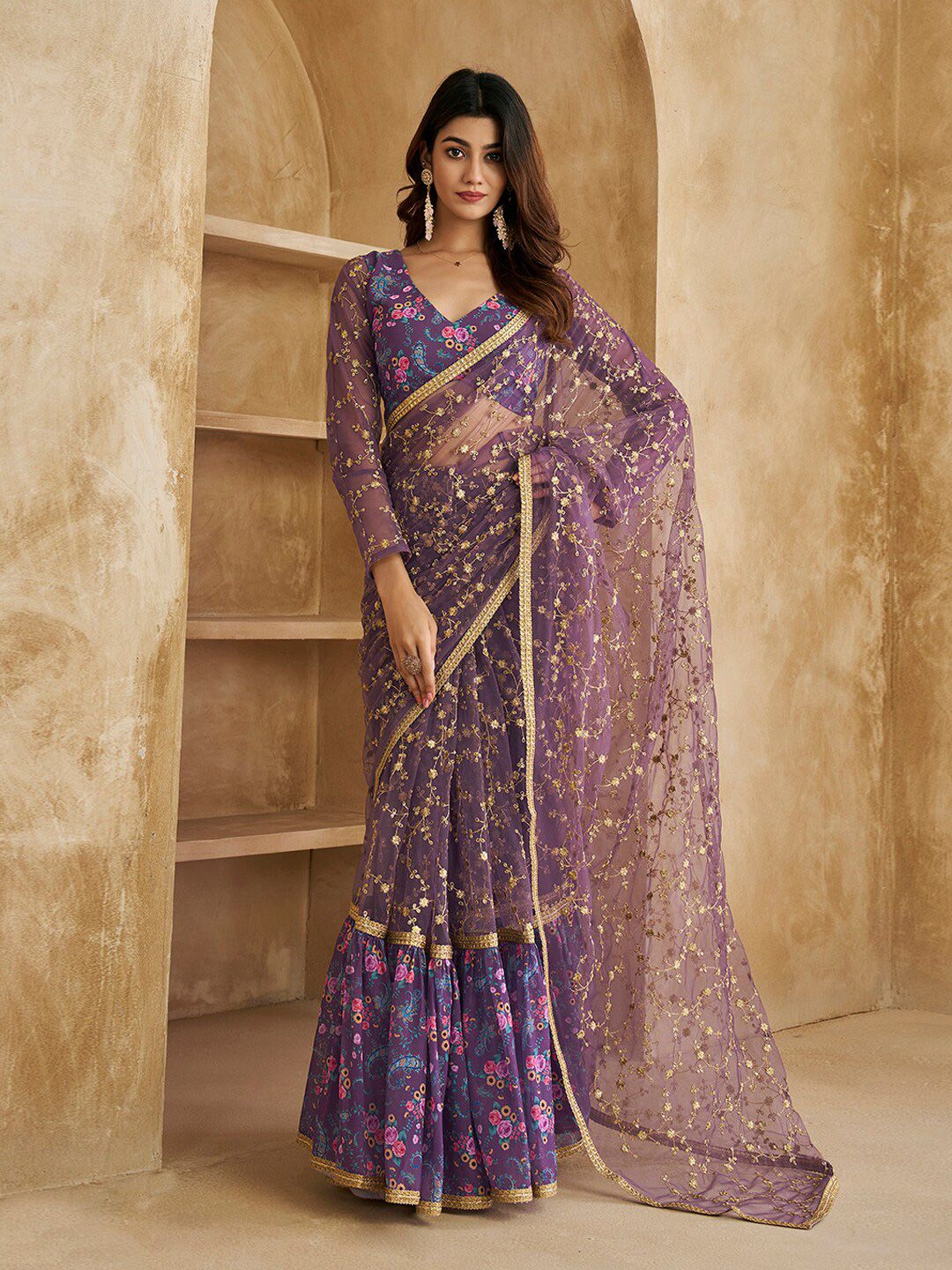 Inddus Floral Sequines Embroidered Ruffled Saree Price in India