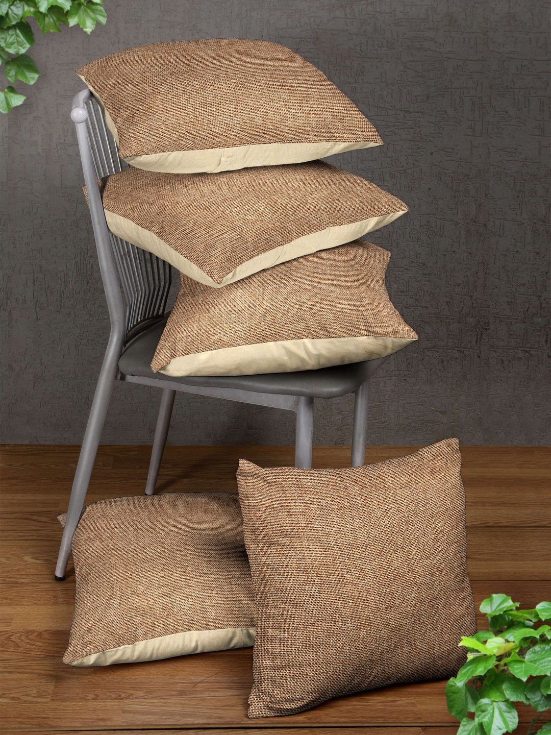 ROMEE Beige Set of 5 Solid Square Cushion Covers Price in India