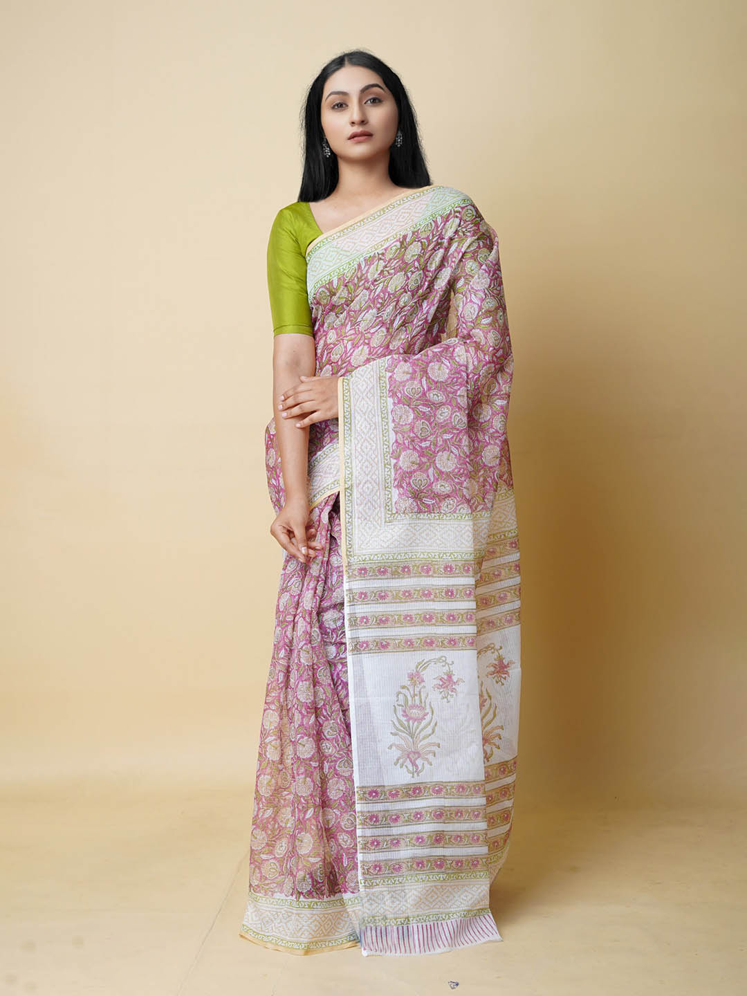 Unnati Silks Pink & Green Ethnic Motifs Pure Cotton Kota Saree Price in India