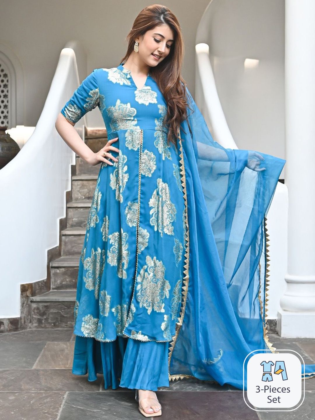 Urbanstree Women Blue Ethnic Motifs Embroidered Regular Thread Work Kurta with Palazzos & With Dupatta Price in India