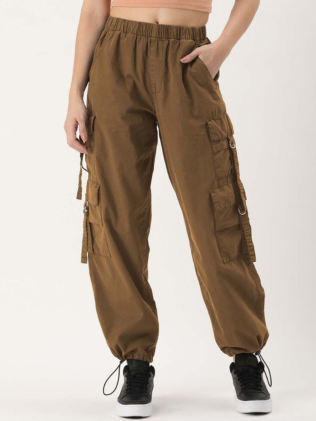 Bene Kleed Women Brown Parachute Fit High-Rise Cotton Cargos Price in India