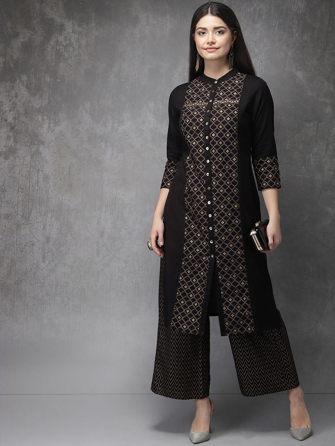 Anouk Women Black & Gold-Toned Printed Kurta with Palazzos