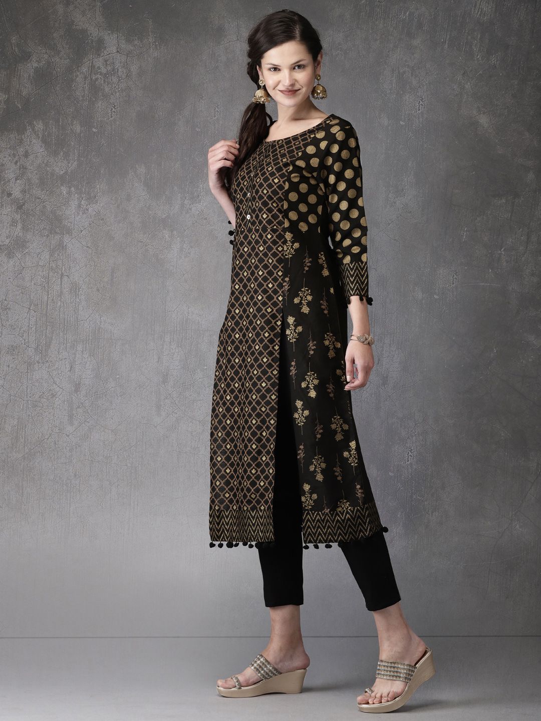 Anouk Women Black Printed High-Slit A-line Kurta with Straight Pants