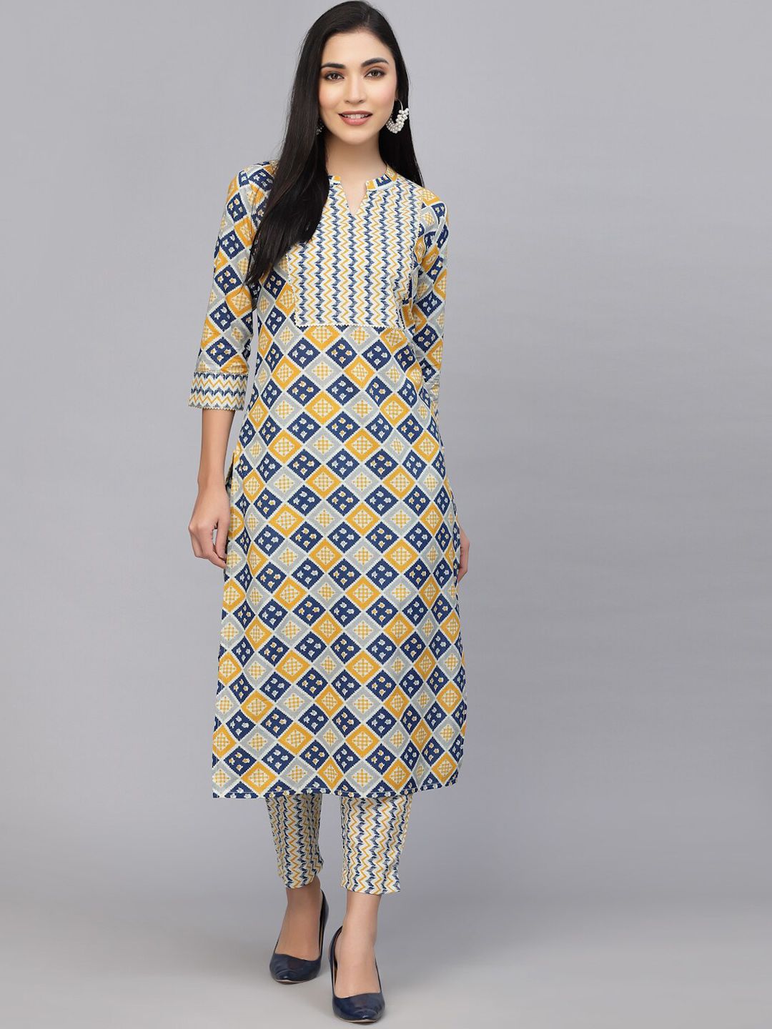 LARGISH Women Blue Printed Regular Pure Cotton Kurta with Trousers Price in India