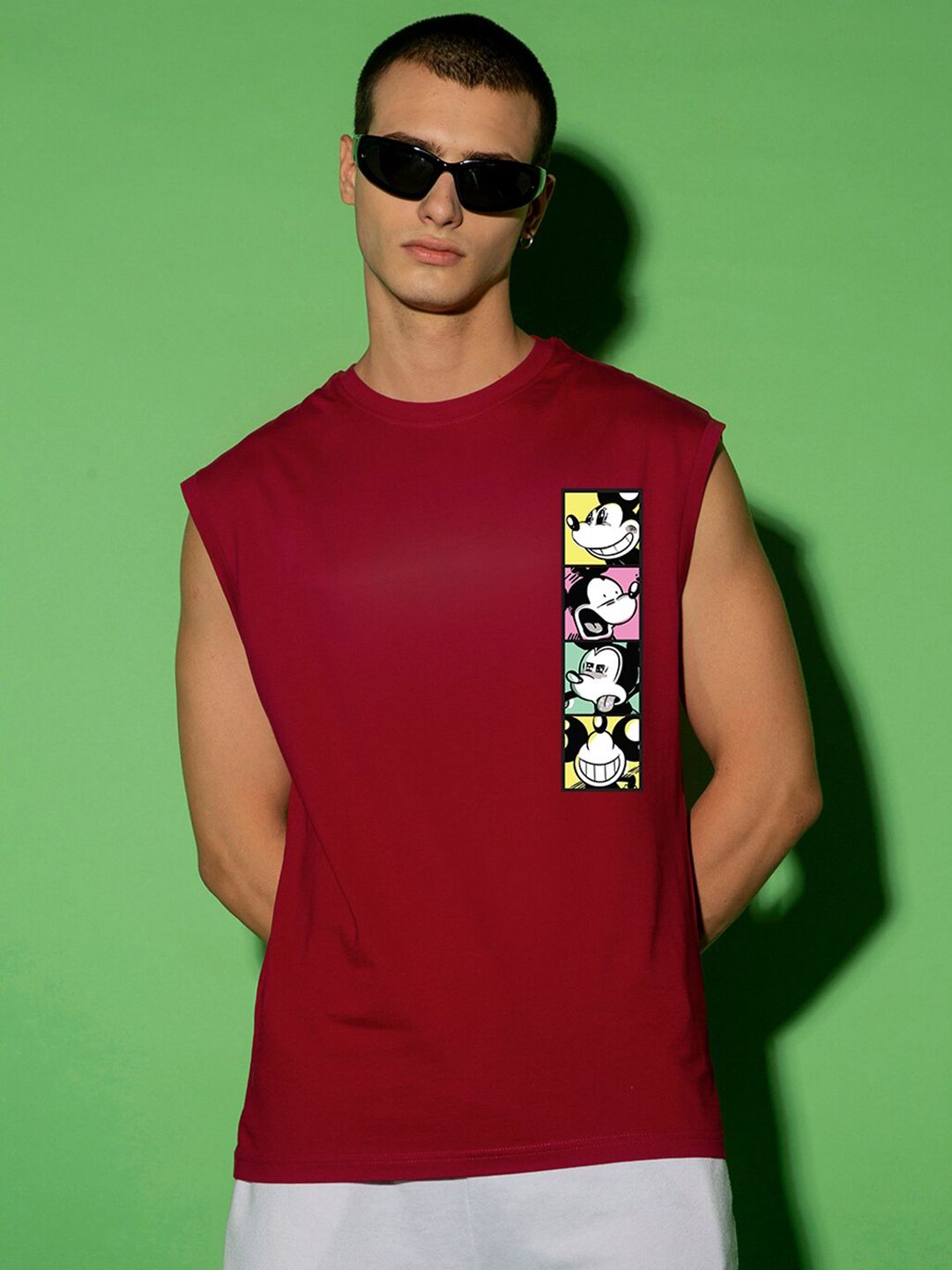 Bewakoof Red Mickey Mouse Printed Boxy Fit Sleeveless Pure Cotton Gym Vest 605665
