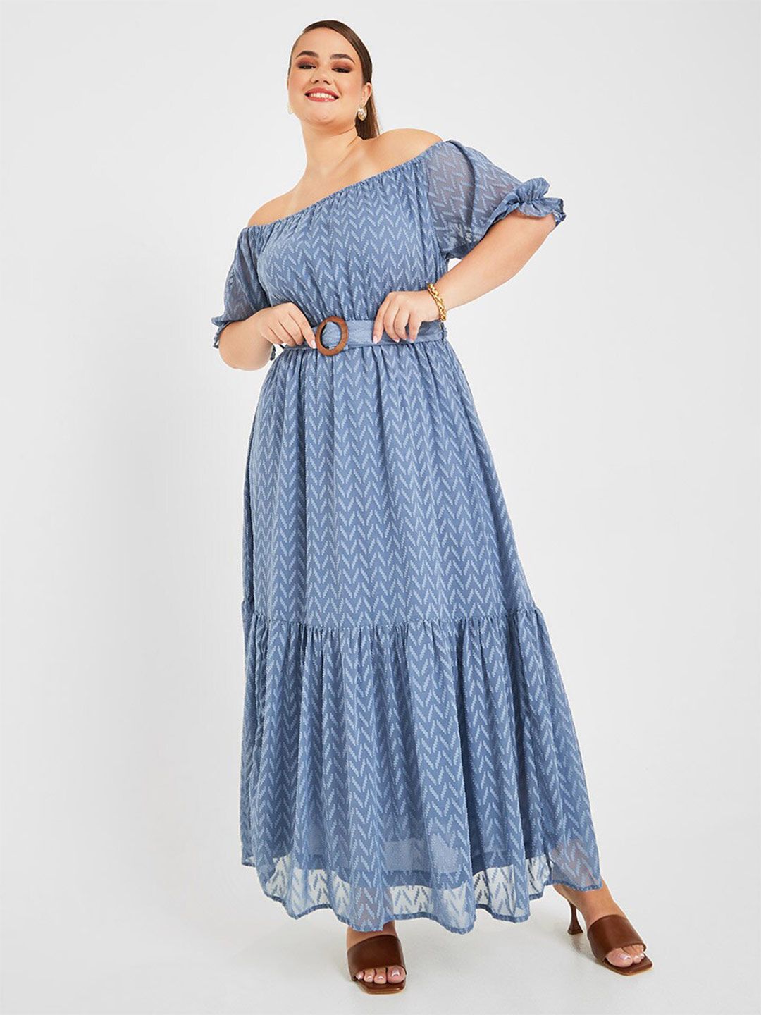 Styli Navy Blue Plus Size Self Design Off-Shoulder Belted Tiered Fit & Flare Maxi Dress Price in India