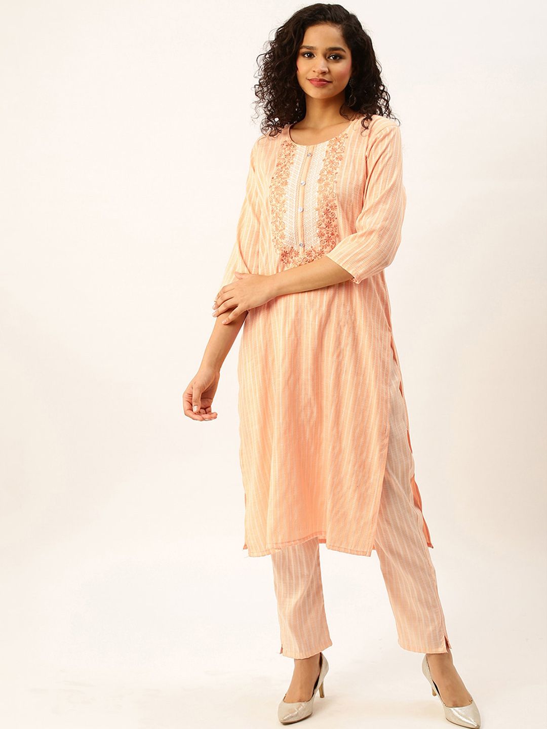 ODETTE Striped Thread Work Straight Kurta with Trouser Price in India