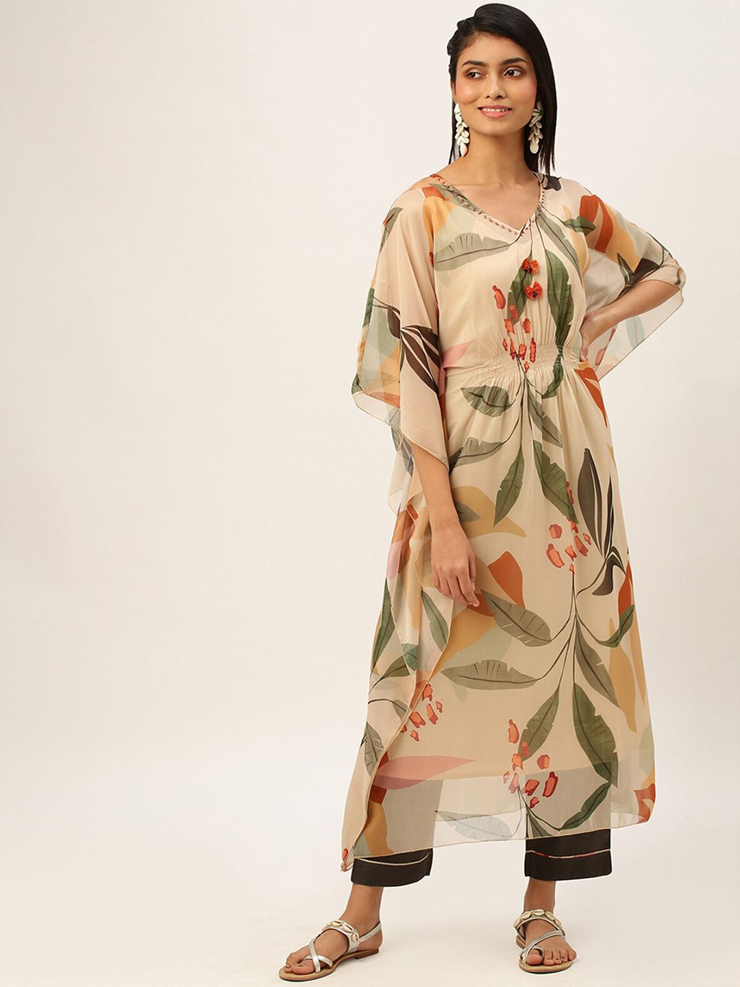 ODETTE Women Beige Floral Printed Regular Kurta with Trousers & With Dupatta
