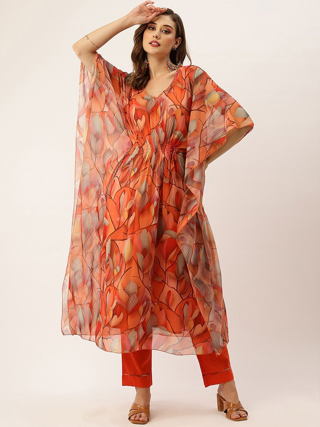 ODETTE Women Orange Printed Regular Sequinned Kurta with Trousers