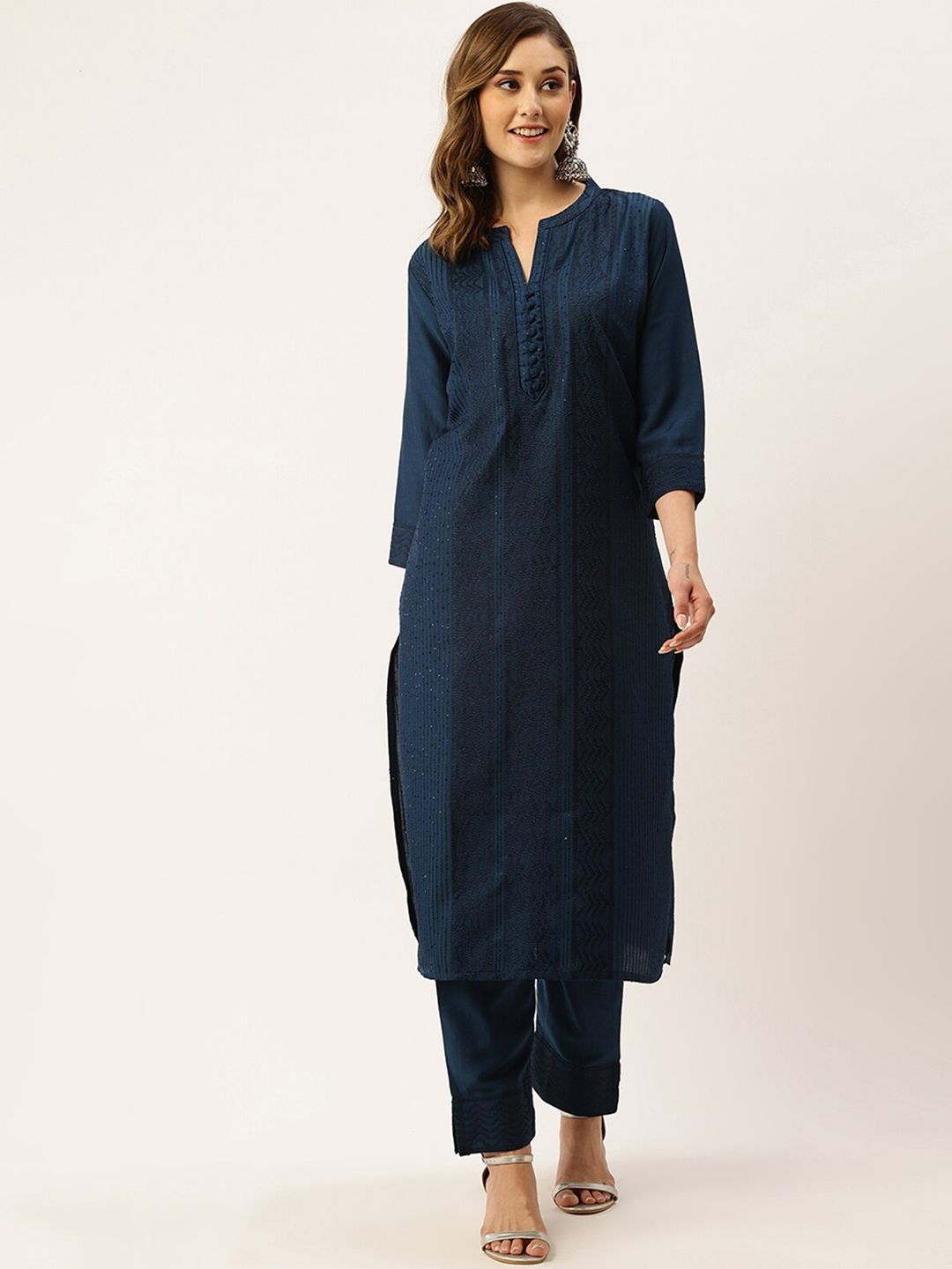 ODETTE Women Blue Ethnic Motifs Embroidered Regular Thread Work Kurta with Trousers