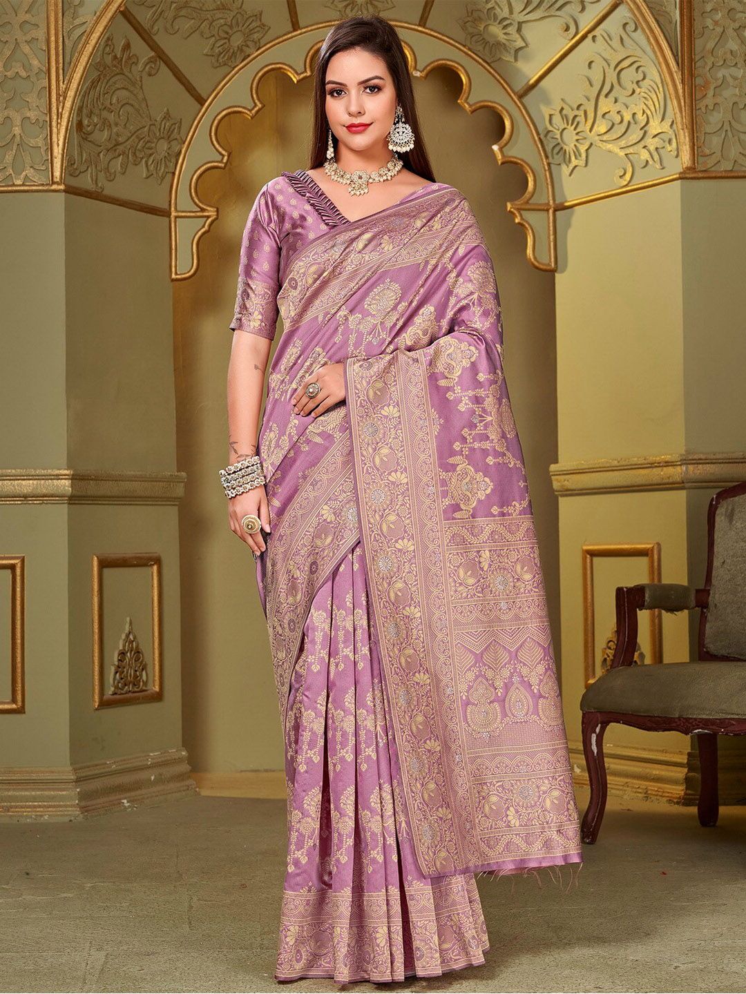 SARIYA Brown & Gold-Toned Woven Design Zari Silk Blend Banarasi Saree Price in India