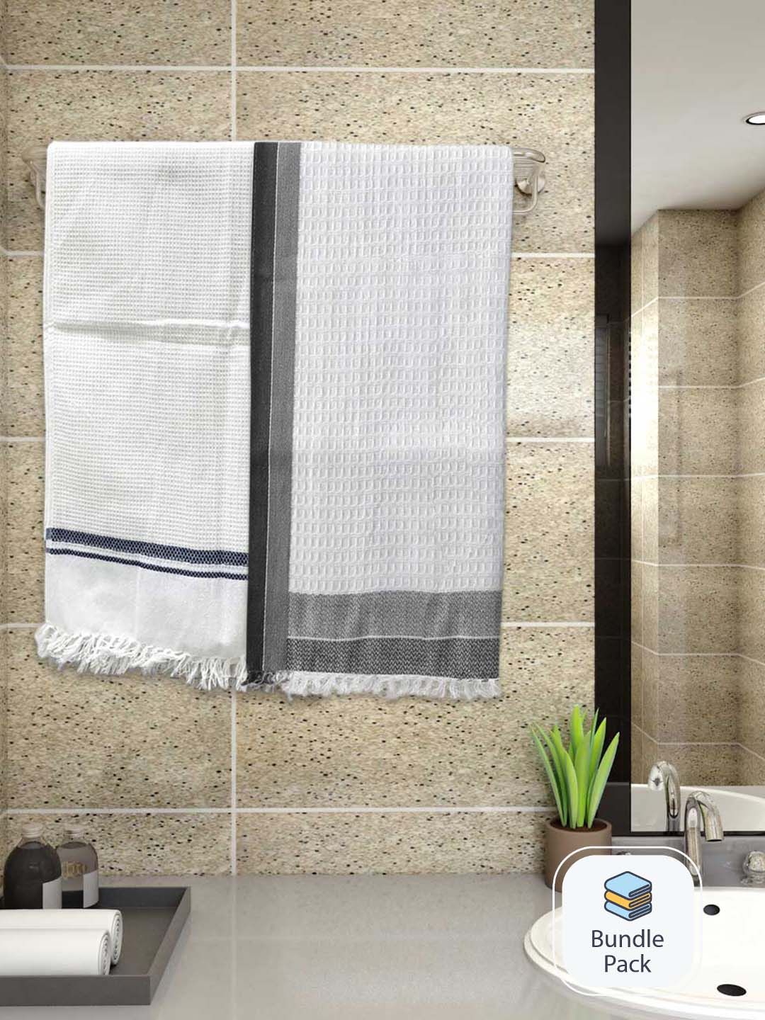 Athom Living 2-Pcs White & Grey Waffle 220 GSM Premium Cotton Bath Towels