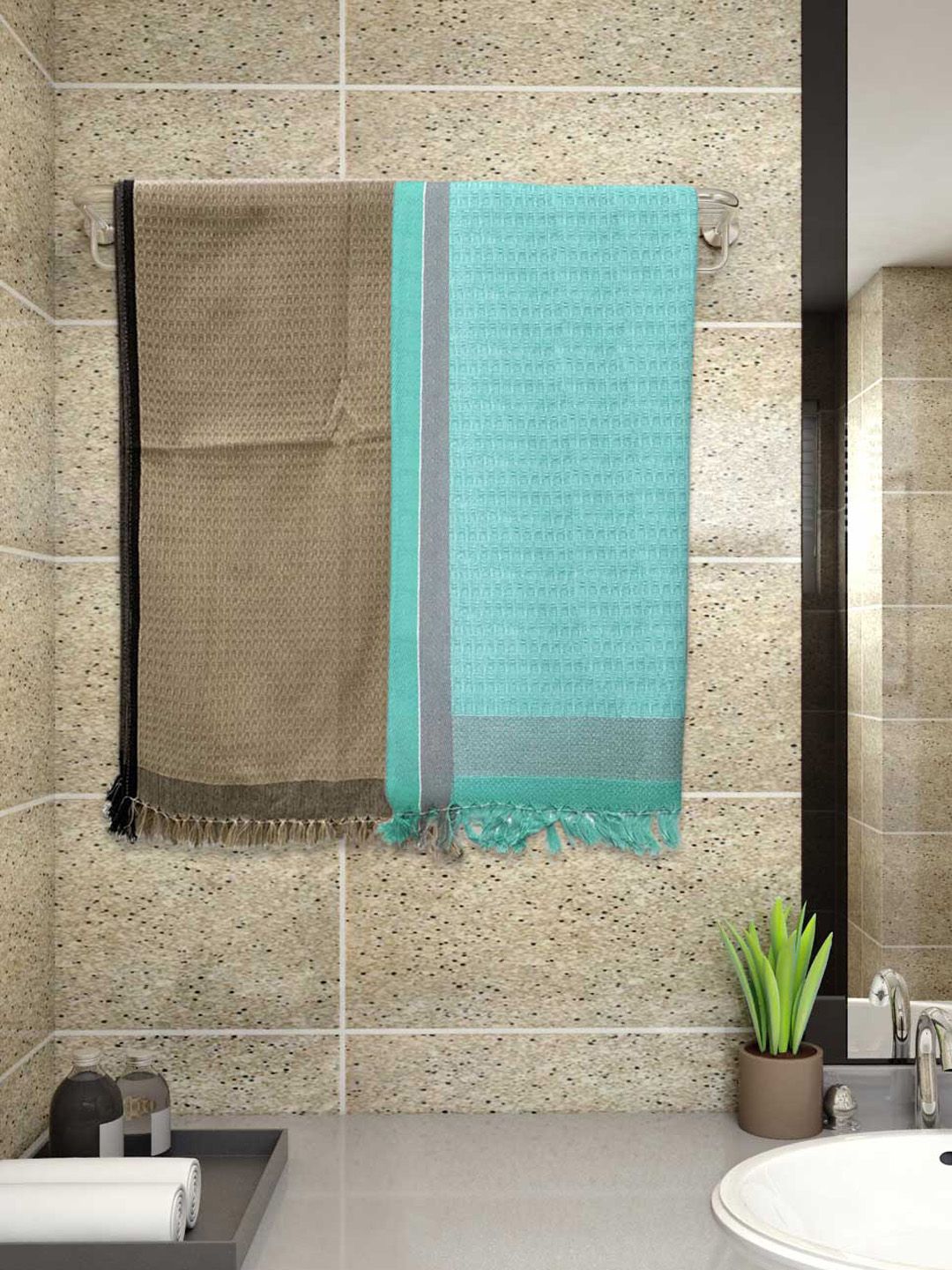 Athom Living 2-Pcs Blue & Brown Waffle Design 220 GSM Premium Cotton Bath Towels
