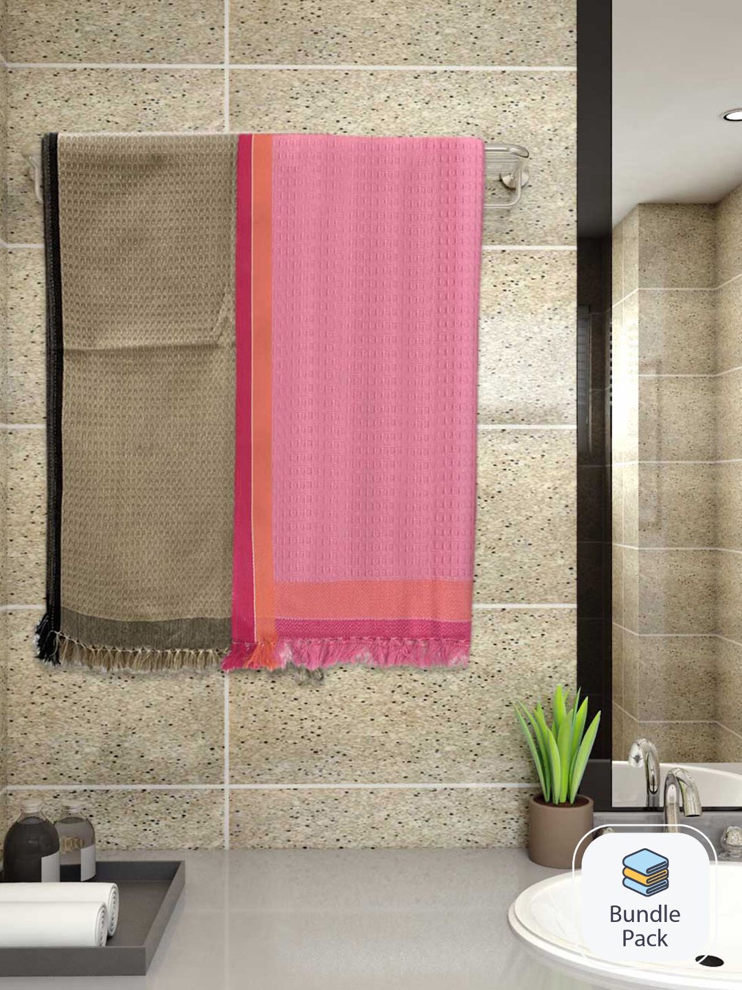 Athom Living 2-Pcs Pink & Brown Waffle Design 220 GSM Premium Cotton Bath Towels