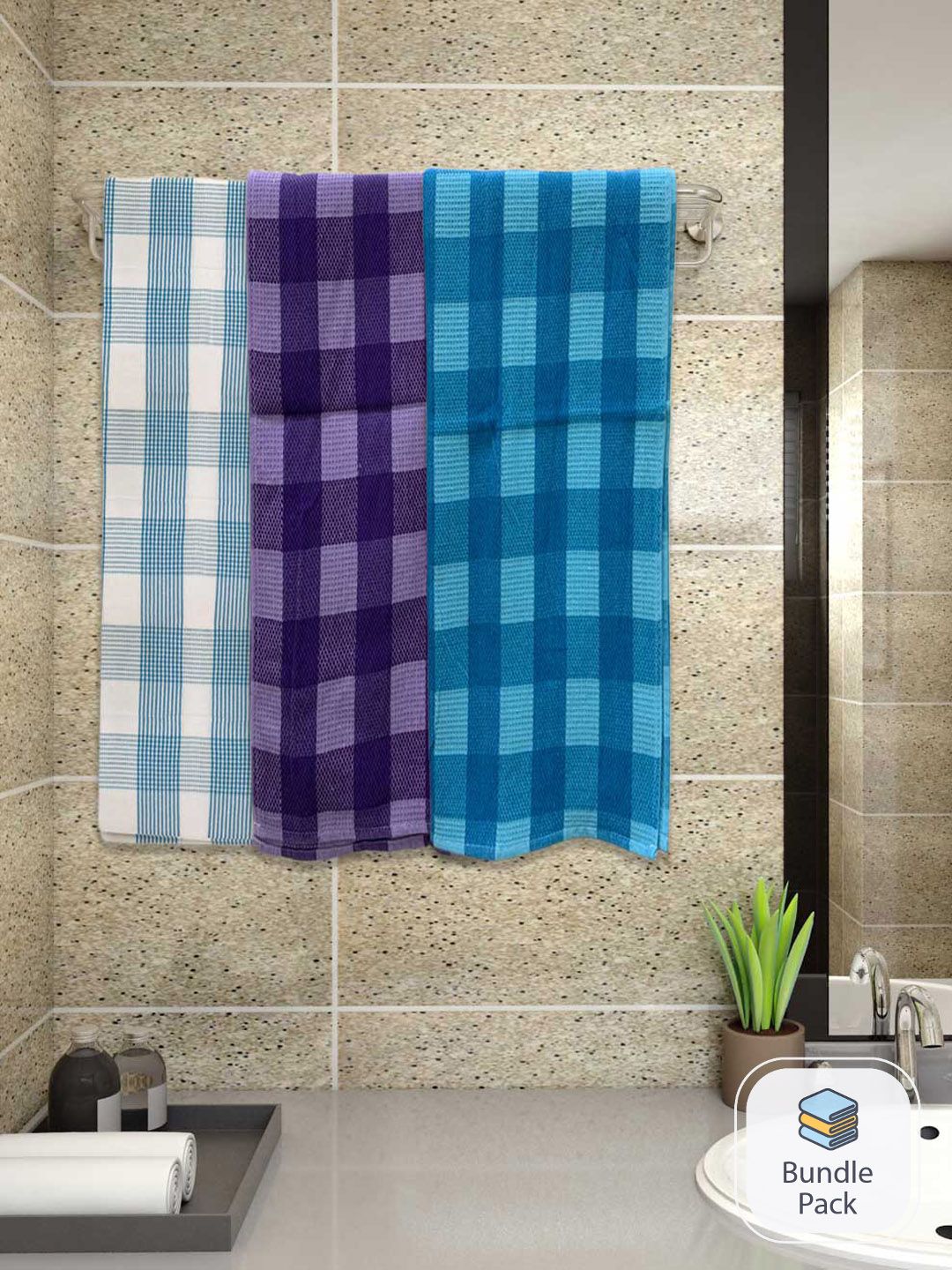 Athom Living 3-Pcs White & Blue Checked 220 GSM Premium Cotton Bath Towels