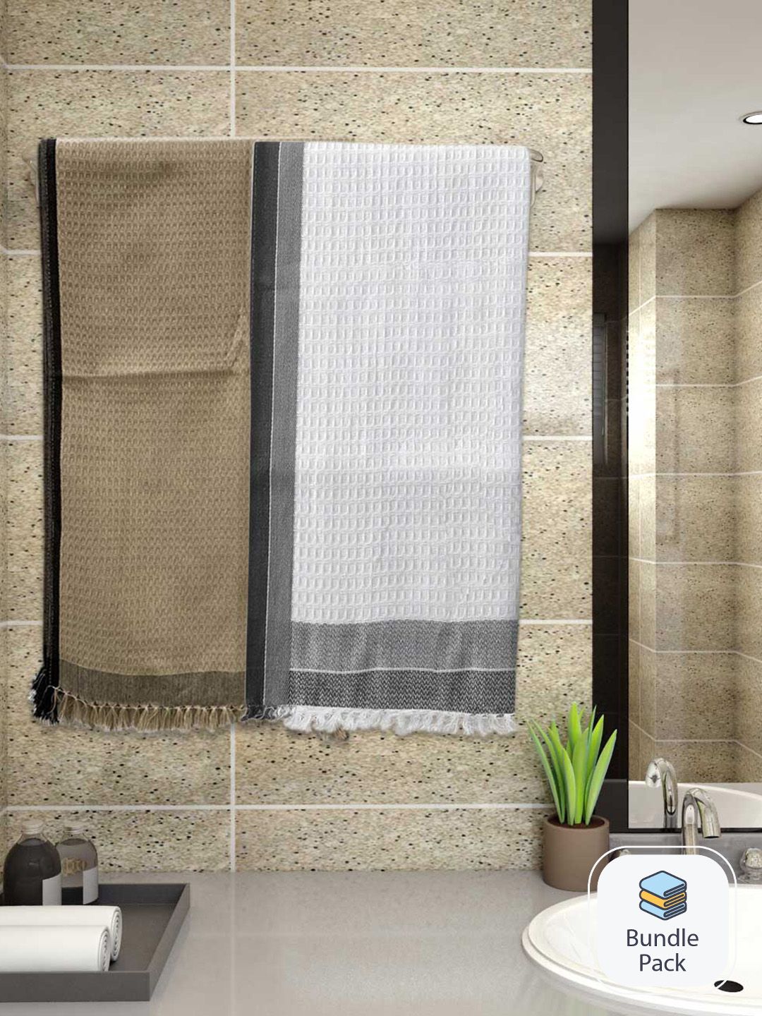 Athom Living White 2-Pieces Waffle Design 220 GSM Premium Cotton Bath Towels