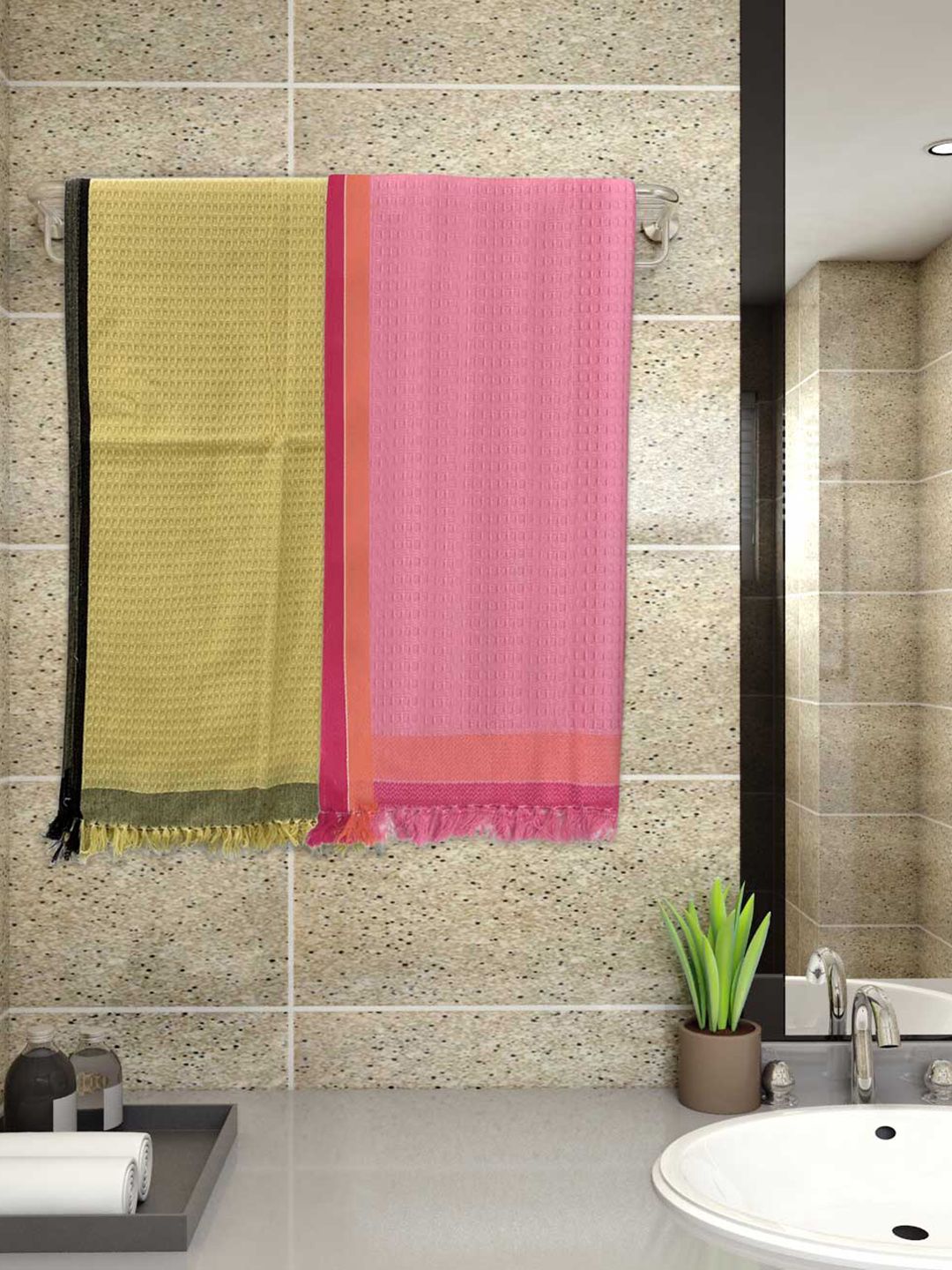 Athom Living Pink & Green 2-Pieces Waffle Design 220 GSM Premium Cotton Bath Towels
