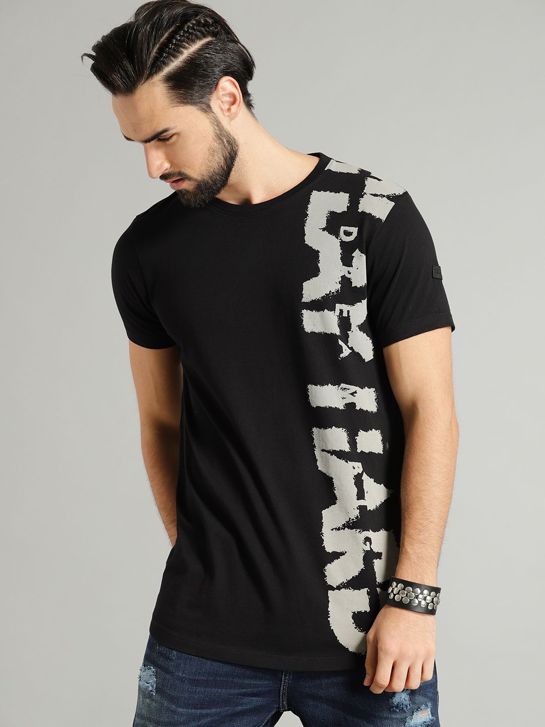 Roadster Men Black Printed Round Neck T-shirt