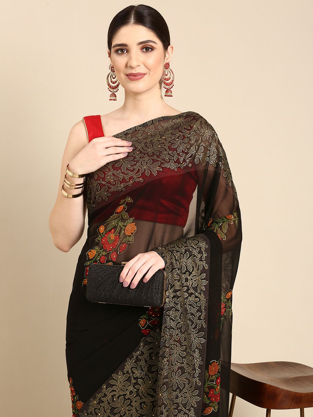 HERE&NOW Floral Printed Stones-Studded Pure Georgette Saree Price in India