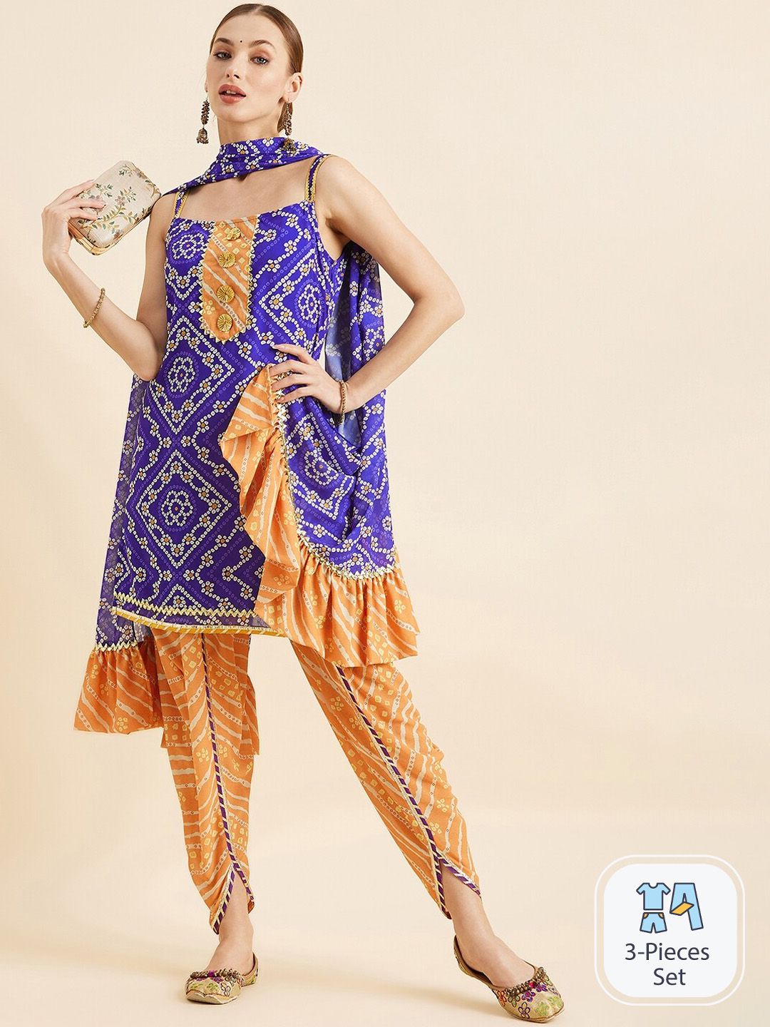 PANIT Bandhani Printed Regular Gotta Patti Kurta with Dhoti Pants & Dupatta Price in India