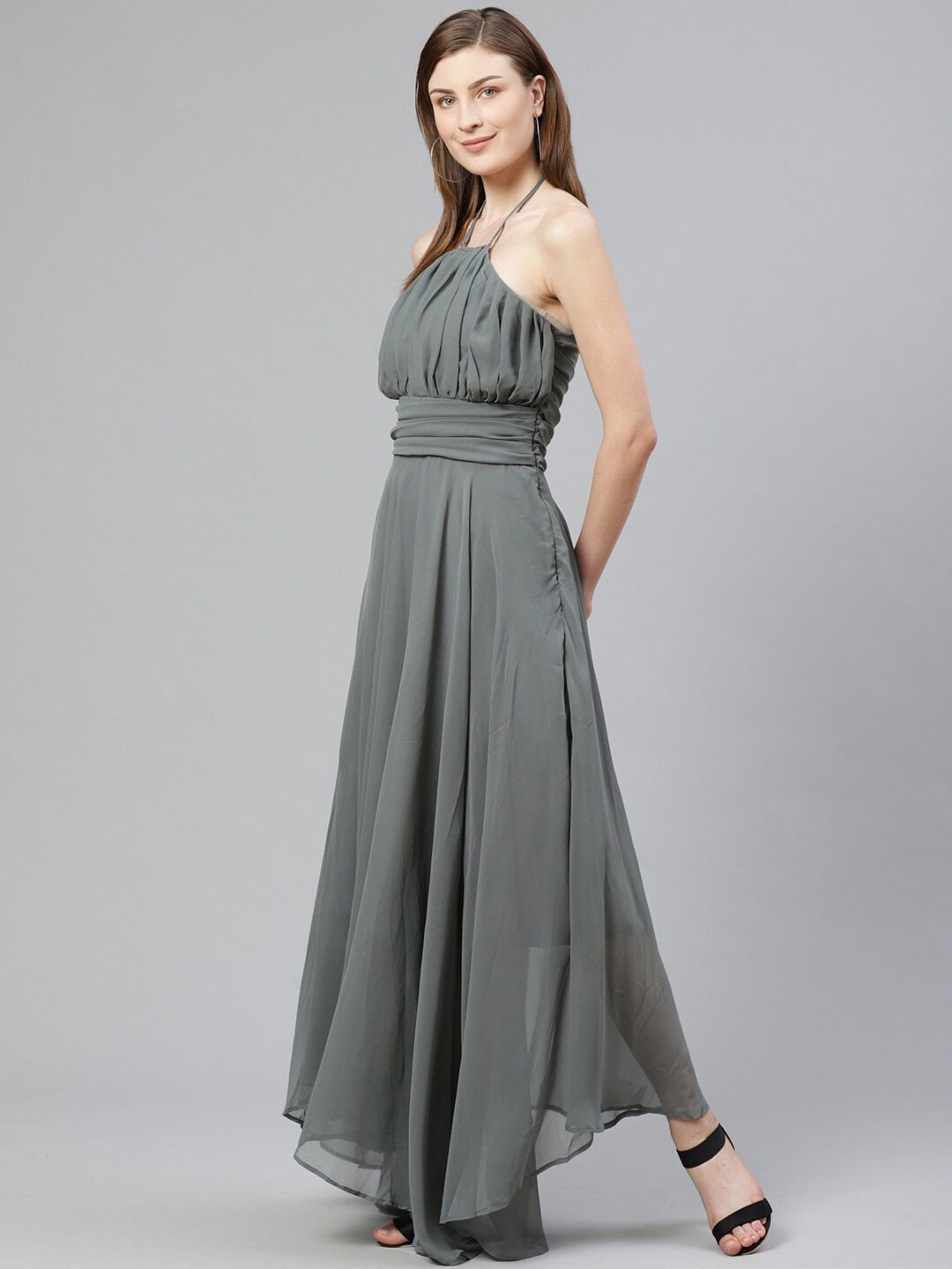 Chemistry Olive Green Halter Neck Georgette Maxi Dress Price in India