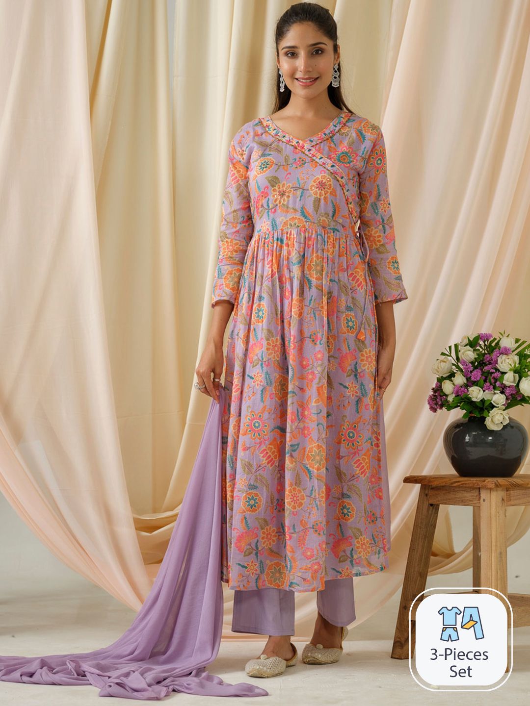Sangria Purple Floral Printed Sequinned Anarkali Kurta With Trouser & Dupatta