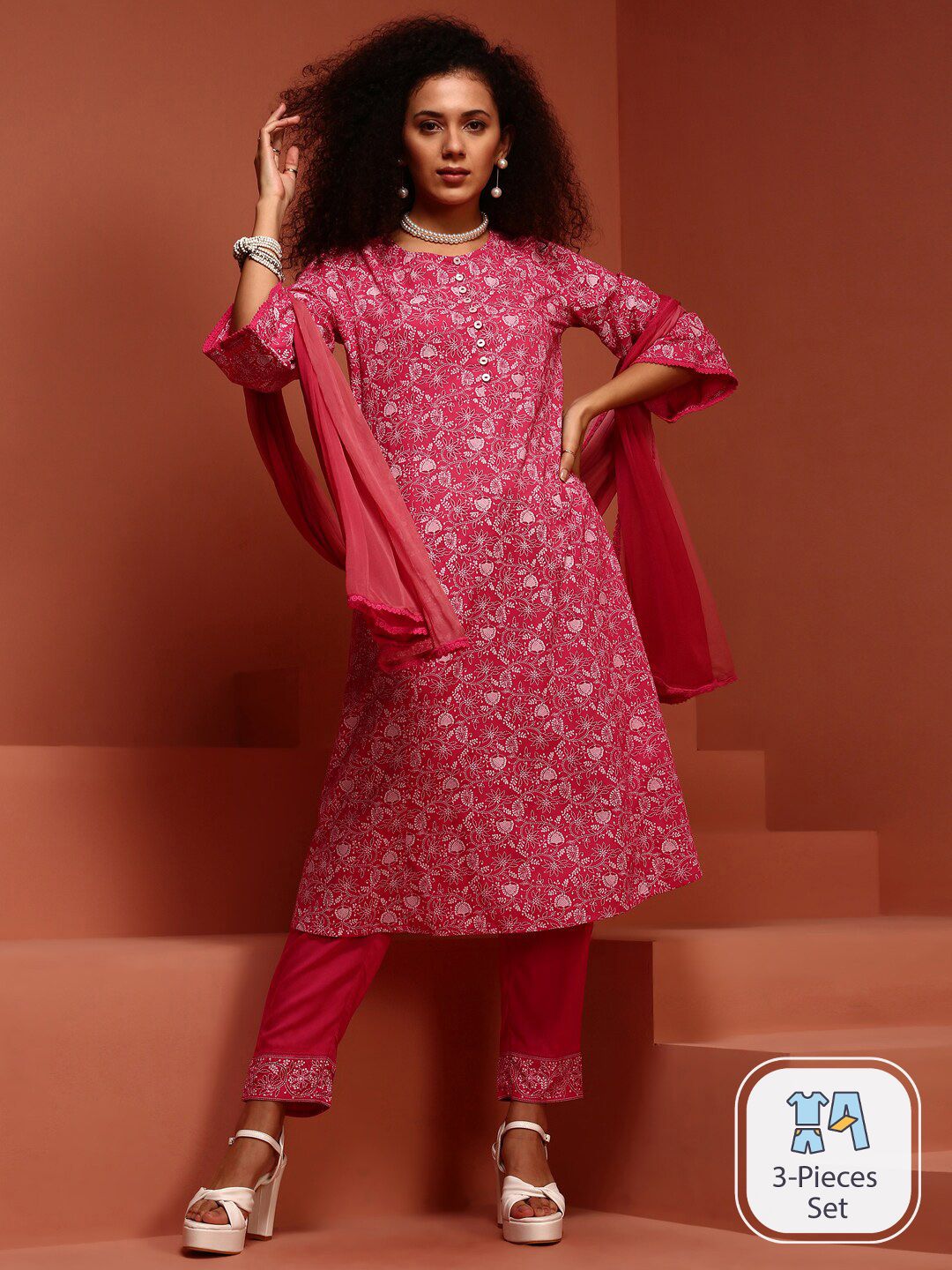 IMARA Floral Printed Flared Sleeves A-Line Kurta & Trousers With Dupatta Price in India