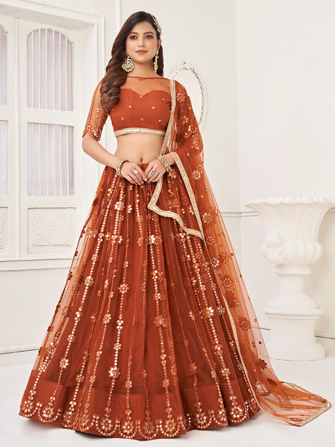 FABPIXEL Embellished Sequinned Semi-Stitched Lehenga & Unstitched Blouse With Dupatta Price in India