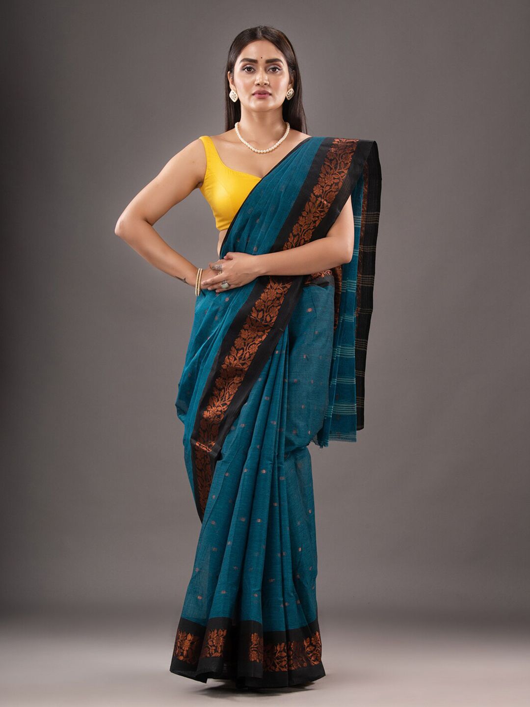 Mitera Blue & Black Geometric Woven Design Zari Pure Cotton Taant Saree Price in India