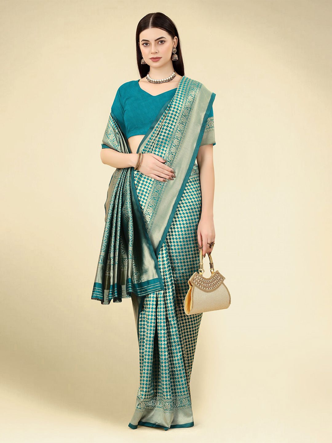 DWIZA ENTERPRISE Checked Woven Design Zari Banarasi Saree Price in India