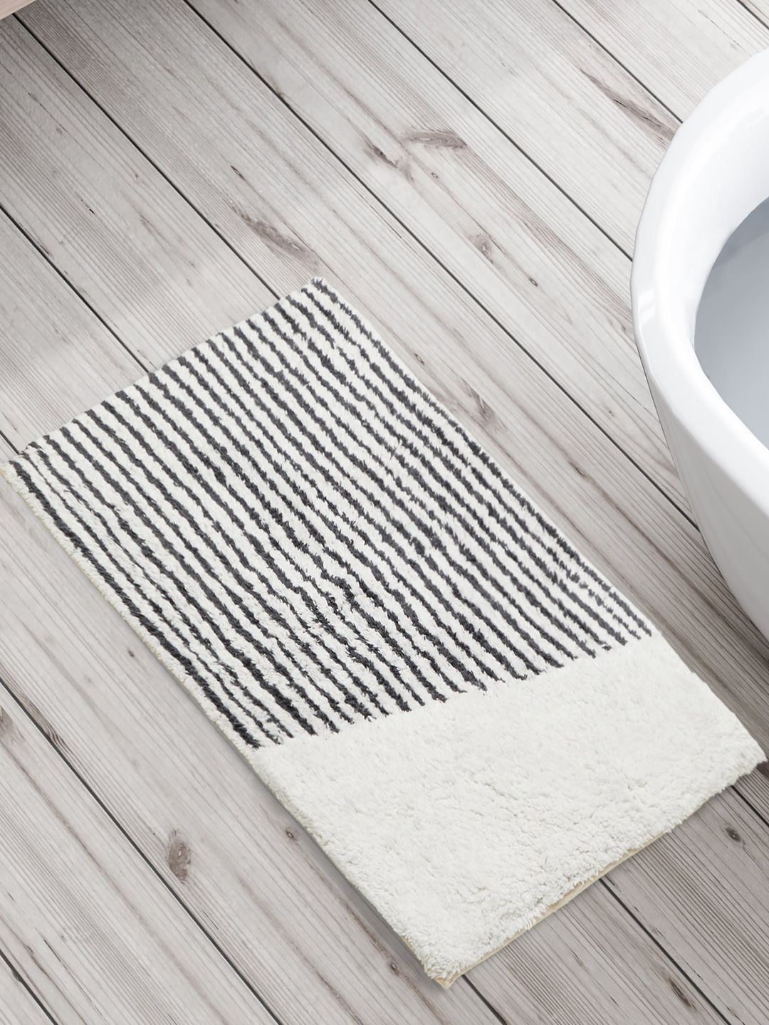 Home Centre Corsica Auton Grey Cotton 1650 GSM Striped Anti-Slip Bath Rugs