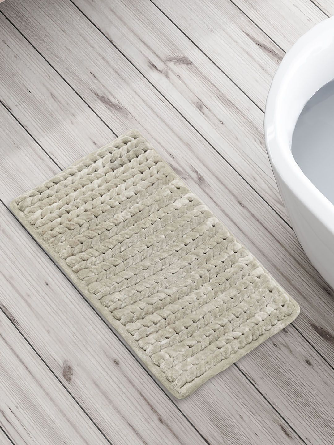 Home Centre Corsica Flamingo Off White 2400 GSM Striped Anti-Slip Bath Rugs