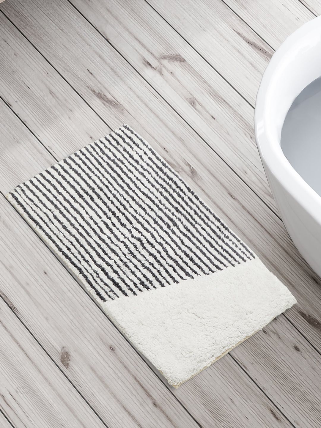 Home Centre Corsica Auton White & Grey Striped Cotton Anti-Slip Bath Rug