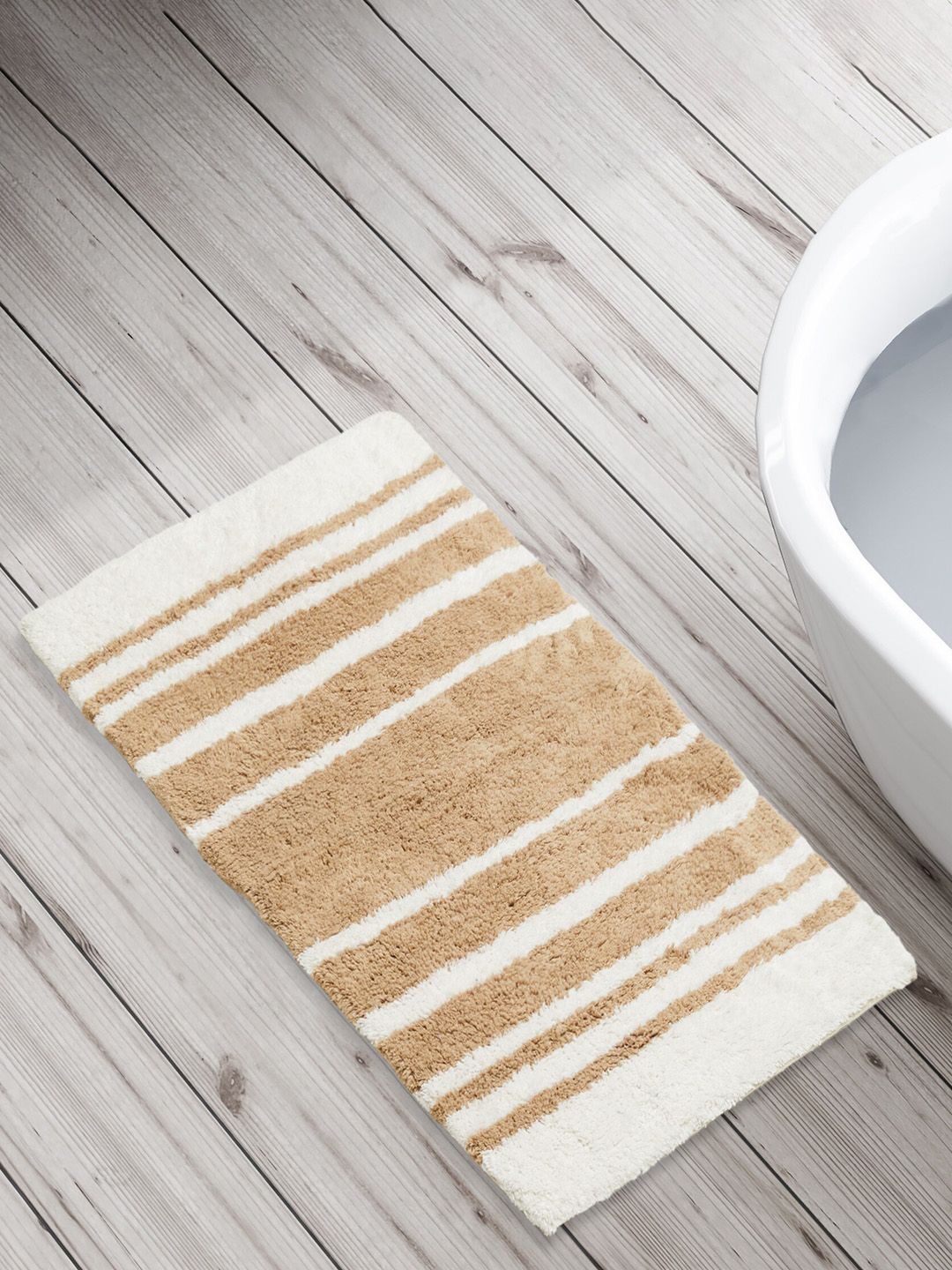 Home Centre Corsica Auton Beige & Off White Cotton 1650 GSM Striped Anti-Slip Bath Mat