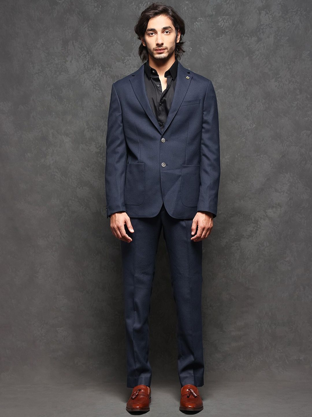 RARE RABBIT RARE RABBIT Men Navy Plain Full Sleeve Lapel Neck Tailored Fit Suits