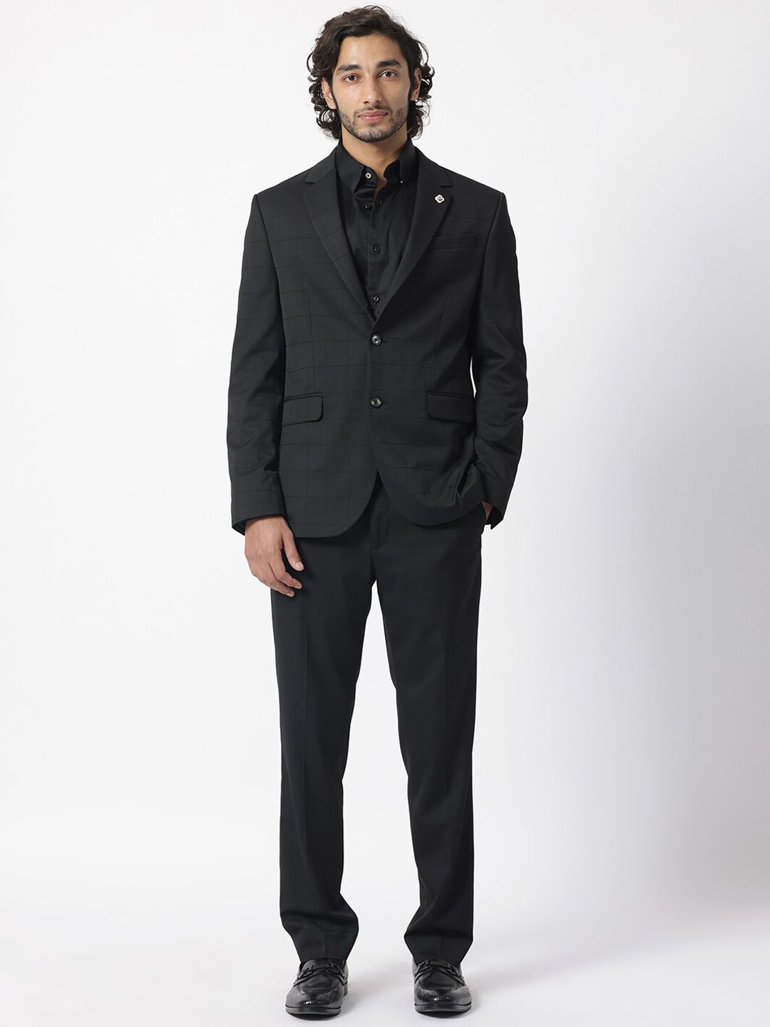 RARE RABBIT RARE RABBIT Men Black Checked Full Sleeve Lapel Neck Tailored Fit Suits
